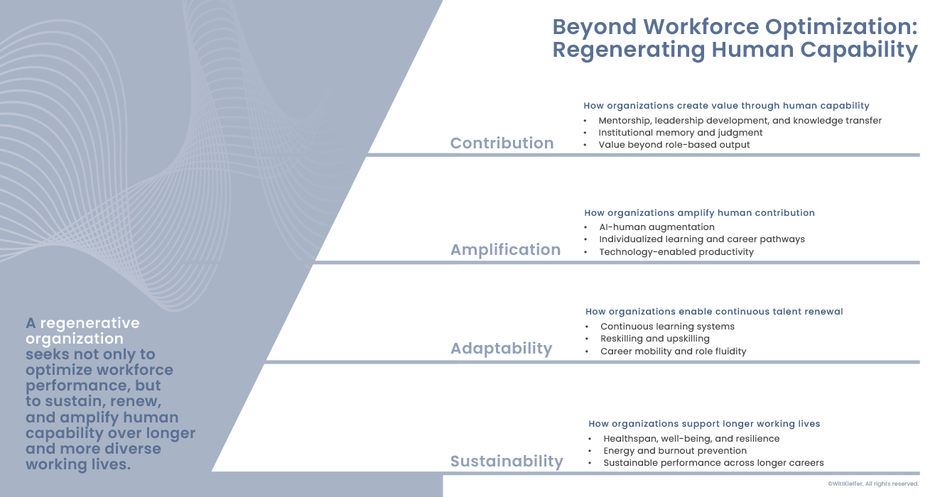 Infographic titled “Beyond Workforce Optimization: Regenerating Human Capability” showing a four-level framework for building organizational capability over time. The levels are Sustainability, Adaptability, Amplification, and Contribution, each paired with examples such as well-being and resilience, continuous learning and upskilling, AI-enabled productivity, and mentorship and leadership development.